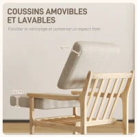 HOMCOM Fauteuil design minimaliste structure bois, 2 coussins amovibles recouvert de tissu effet lin, accoudoirs, beige(m-5)