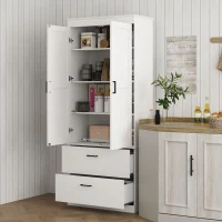 HOMCOM Armoire de cuisine indépendante avec étagères ajustables et deux larges tiroirs pour salon, cuisine, Blanc(m-2)