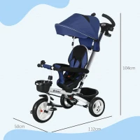 HOMCOM Tricycle 6 en 1 pour enfants, poignée de poussée, siège réversible, panier, auvent, ceinture de sécurité, 1-5 ans, bleu(m-3)