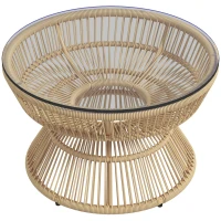 Outsunny Gartencouchtisch rund, Beistelltisch aus Rattan-Optik und gehärteter Glasplatte Ø60 x 37H cm(m-6)