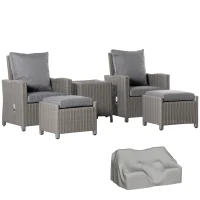 Outsunny 5 Pieces Outdoor PE Rattan Garden Furniture with Cushions, Patio Lounge Adjustable Backrest Chairs, Footstools and Cooler Bar Coffee Table & Cover, Grey(m-1)