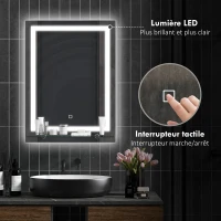 kleankin Miroir lumineux LED mural de salle de bain avec étagère intégrée 3 couleurs luminosité réglable interrupteur tactile(m-4)