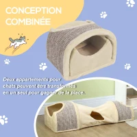 PawHut Tunnel pour chat, jeu pour chat, avec 2 niches en sisal, trous de porte, pour intérieur, 107L x 38l x 29H cm, beige(m-4)