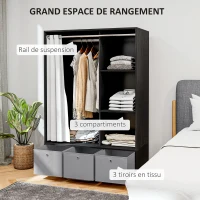 HOMCOM Armoire penderie armoire de rangement avec tringle rideaux 3 niches et 3 tiroirs en tissu amovibles 105 x 48 x 160 cm(m-5)