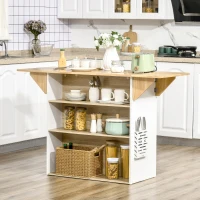 HOMCOM Central Kitchen Island Storage Kitchen Cabinet with Foldable Rubber Wood Worktop and 2 Shelves - 140 x 55 x 91 cm(m-2)
