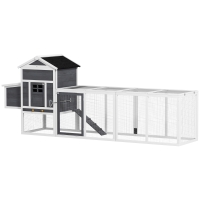 PawHut Galinheiro de Madeira 297,5x68x118cm para 3-6 Galinhas com Teto Asfáltico Porta com Trava e Caixa Ninho Branco e Cinza