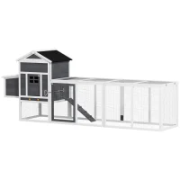 PawHut Galinheiro de Madeira 297,5x68x118cm para 3-6 Galinhas com Teto Asfáltico Porta com Trava e Caixa Ninho Branco e Cinza(m-1)