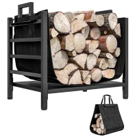 Outsunny Porte-bûches, range-bûches, avec transporteur amovible, intérieure, 49l x 34P x 44H cm, métal, noir(m-11)