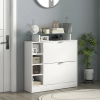 HOMCOM Schuhschrank mit 2 kippbaren Schubladen für 12 Paare, Glasplatte und verstellbare Regale, 89 x 25 x 92 cm, weiß(m-2)