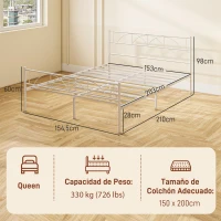 HOMCOM Cama Doble 150x200 cm con Cabecera Listones de Acero y Espacio de Almacenamiento Debajo de la Cama Carga 330 kg Blanco(m-3)