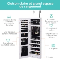 HOMCOM Armoire à bijoux suspendue au mur ou à la porte avec miroir, LED, 5 étagères, 2 tiroirs, 37x10x120cm, effet bois grisé(m-6)