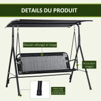 Outsunny Balancelle de jardin 2 places balancelle d'extérieur toit inclinaison réglable structure acier 172 x 110 x 155 cm noir(m-6)