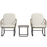 Outsunny Conjunto de Muebles de Ratán de 3 Piezas con 1 Mesa de Centro 2 Mecedoras y Cojines para Jardín Crema y Beige(m-11)