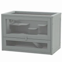 PawHut Käfig für Hamster, Mäuse, kleine Nager mit mehreren Ebenen, Rampe, Plattformen, öffnbares Dach, Drahtgitter 60 x 35 x 42 cm Grau(m-1)