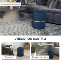 HOMCOM Pouf tabouret repose-pied coffre de rangement en velours côtelé 36 x 36 x 44 cm pour salon chambre bleu(m-6)