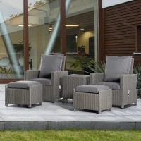 Outsunny 5 Pieces Outdoor PE Rattan Garden Furniture with Cushions, Patio Lounge Adjustable Backrest Chairs, Footstools and Cooler Bar Coffee Table & Cover, Grey(m-11)