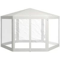 Outsunny Gartenpavillon, 6-eckig, Netzvorhänge, Metallgestell, 3,94x3,412x2,5m, Creme(m-1)