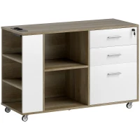HOMCOM Armário Arquivador de Escritório com Rodas 3 Gavetas Estação de Carga Fechadura e Prateleiras 100x40x65,5 cm Marrom Acinzentado(m-10)