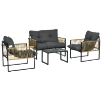 Outsunny 4-teiliges Gartenmöbelset, 2-Sitzer-Sofa, 2 Sessel und 1 Couchtisch mit gehärteter Glasplatte, 3 Kissen - Grau(m-6)
