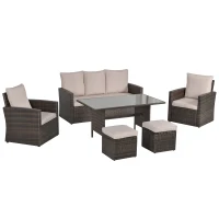 Outsunny Six-Piece Rattan Sofa Set, with Glass-Top Table - Mixed Brown(m-1)