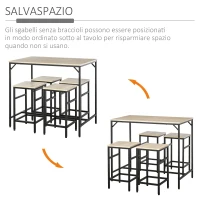HOMCOM Set Tavolo Alto con 4 Sgabelli Stile Industriale in Metallo e Legno, Rovere Chiaro(m-4)