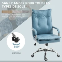 HOMCOM Chaise de bureau fauteuil de bureau hauteur réglable, dossier haut inclinable, accoudoirs et roulettes, bleu(m-6)