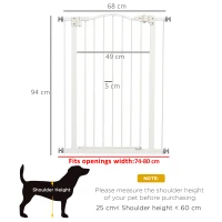 PawHut Pressure Fit Dog Stair Gate No Drilling Safety Gate Auto Close for Doorways, Hallways, 74-80cm Adjustable, 94cm Tall, White(m-3)