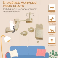 PawHut Étagères murales pour chat, ensemble de meubles muraux pour chat, lot de 4 pièces, avec teasers, balle de jouet, beige(m-4)