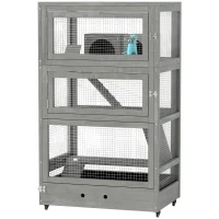 PawHut Cage pour hamster en bois à quatre niveaux, avec cabanes, bascule, bols d'alimentation, rampes, roulettes, 65 x 45 x 109 cm, Gris(m-1)