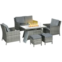 Outsunny 6 Seater Rattan Garden Furniture Set, Gas Fire Pit Table, Wicker Loveseat, 2 Armchairs and 2 Footstools, 6 Piece Patio Rattan furniture Sofa Sets with Cushions for Conservatory, Grey(m-1)