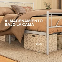 HOMCOM Cama Doble 135x190 cm con Cabecera Listones de Acero y Espacio de Almacenamiento Debajo de la Cama Carga 330 kg Blanco(m-6)