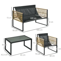 Outsunny 4-teiliges Gartenmöbelset, 2-Sitzer-Sofa, 2 Sessel und 1 Couchtisch mit gehärteter Glasplatte, 3 Kissen - Grau(m-3)
