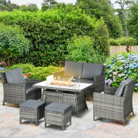 Outsunny 6 Seater Rattan Garden Furniture Set, Gas Fire Pit Table, Wicker Loveseat, 2 Armchairs and 2 Footstools, 6 Piece Patio Rattan furniture Sofa Sets with Cushions for Conservatory, Grey(m-10)