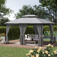 Outsunny 4m x 3(m) Metal Gazebo Canopy Party Tent Garden Pavillion Patio Shelter Pavilion with Curtains Sidewalls, Dark Grey(m-11)