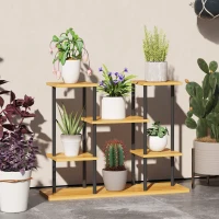 Outsunny Pflanzenständer für den Innenbereich, 6-stufiges Pflanzenregal, Stahlrahmen und massive Holzbasis 80 x 24 x 61,5 cm Naturholz(m-2)