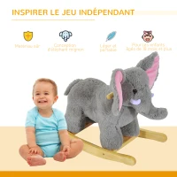 HOMCOM Éléphant à bascule pour enfants cheval à bascule jouet à bascule bébé 18+ mois - musique et poignées charge 60 kg Gris(m-4)