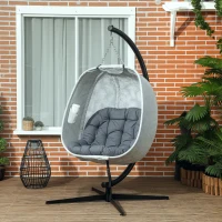 Outsunny Hanging Egg Chair Outdoor Indoor Garden Swing Chair with Folding Basket, Garden Hanging Chair with Stand, Thickened Cushion, Cup Holder for Patio, Balcony, Grey(m-10)