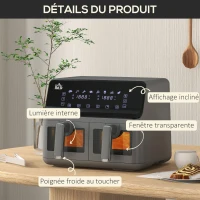 HOMCOM Friteuse à air sans huile Air Fryer double compartiment 8L 2500 W 8 programmes température réglable minuterie gris(m-7)