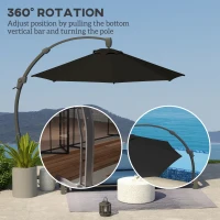 Outsunny 3(m) Garden Cantilever Parasol, Round Overhanging Umbrella with Crank Handle, Cross Base, Aluminium Frame and 360° Rotation, Banana Patio Umbrella for Outdoor Sun Shade, Black(m-5)