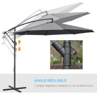 Outsunny Parasol déporté octogonal rabattable diamètre 3 m parasol de jardin avec pied en croix Ø295 x 255H cm gris(m-5)