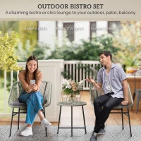 Outsunny 3 Pieces Rattan Bistro Set, Wicker Small Garden Table and Chairs Set with Cushions and Glass Top Coffee Table, Bistro Garden Furniture Set for Outdoor, Patio, Balcony, Light Grey(m-4)