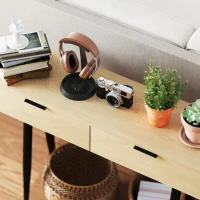 HOMCOM Skandinavischer Konsolentisch, schmale Eingangskonsole mit 2 Schubladen und Stahlbeinen für Wohnzimmer, Eingangsbereich, Flur, Eiche(m-4)