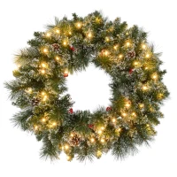 HOMCOM Couronne de Noël porte artificielle 60 CM avec pommes de pin et grappes de baies, lumières LED et minuterie vert(m-1)