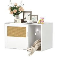 PawHut Maison de toilette chat meuble litière pour chat tapis griffoir porte avec poignées style bohème 80 x 50 x 50 cm blanc(m-11)