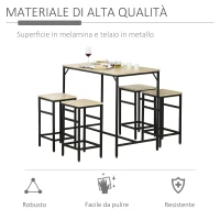 HOMCOM Set Tavolo Alto con 4 Sgabelli Stile Industriale in Metallo e Legno, Rovere Chiaro(m-7)