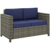 Outsunny Rattan Sofa, 2 Seater Garden Furniture with Soft Padded Cushion and Armrests, Wicker Garden Loveseat for Patio, Navy Blue(m-1)