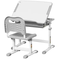 HOMCOM Ensemble bureau enfant avec chaise en acier hauteur réglable, tablette coulissante, bureau inclinable 45° - gris blanc(m-10)
