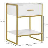 HOMCOM Table de chevet table de nuit avec tiroir étagère et poignée cadre en acier pour chambre à coucher 45 x 40 x 60 cm blanc(m-3)