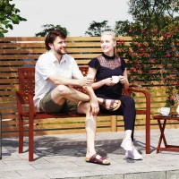 Outsunny Außenbank, Gartenbank aus Stahl, Ausgeschnittene Rückenlehne, Armlehnen, für 2 Personen, Rot(m-2)