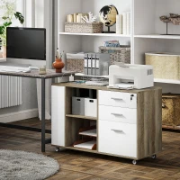 HOMCOM Mueble Archivador con Ruedas 3 Cajones Estación de Carga Cerradura y Estantes 100x40x65,5 cm Marrón Grisáceo(m-8)